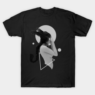 black and white girl with wings in the head feeling the power T-Shirt